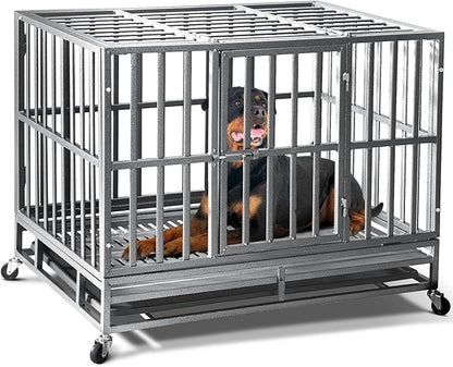 Oranland 38 inch Heavy Duty Indestructible Dog Crate,2025 New Upgraded Reinforced Baseplate for Large Dogs,XL Dog Crate for High Anxiety Dogs/Max Load Capacity 200lbs/Double Door with Wheels（Silver）