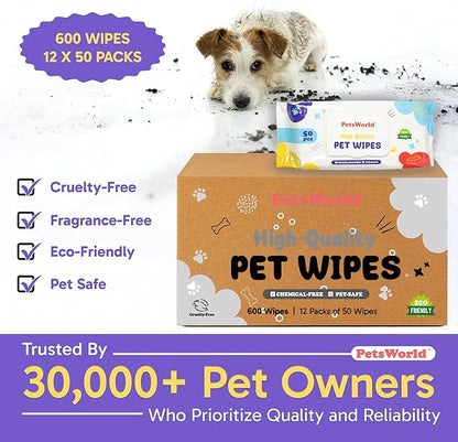 PETSWORLD Pet Wipes for Dogs & Cats, Unscented, Hypoallergenic, Chemical-Free, Biodegradable (98%), Thick & Durable, Textured Grooming Wipes (Unscented, 600 Count)