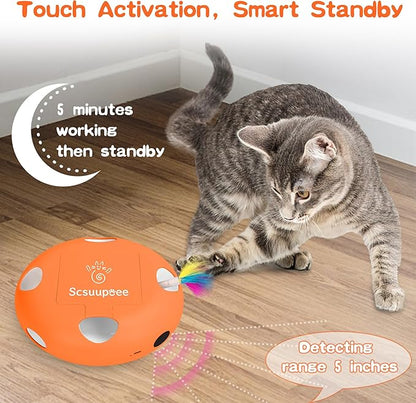 Scsuupoee Interactive Cat Toy, Electric Cat Toys for Moving Concealed Feathers, Smart Sensor 7 Holes Whack a Mole Feather Toy, USB Charge Automatic Kitten Toys,Orange