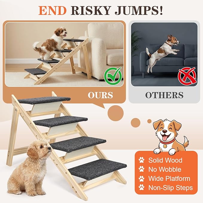 Dog Stairs/Steps, 2-in-1 Foldable Wooden Pet Stairs, Wood Frames and Non-Slip Carpet Suitable for High Beds, Car, Couch, Durable Wooden Dog Stairs for Small Medium and Large Dogs,4 Steps