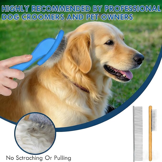 Slicker Brush for Dogs, Dog Grooming Supplies Long Pin Large Doodle Brush for Goldendoodles Poodles Bernedoodles, 3 Pcs Grooming Tools with Wooden Handle for Mats Tangles - Blue