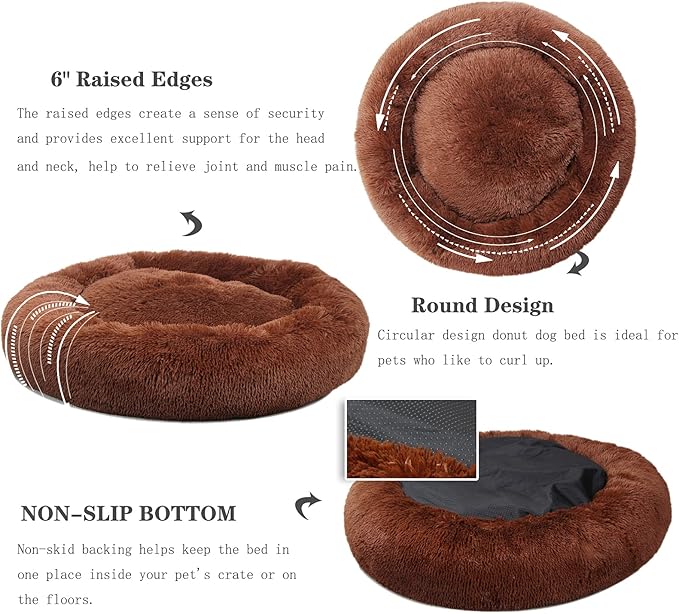 Calming Dog Bed for Medium Dogs Washable Donut 30 inches Anti-Slip Pet Bed,Round Fluffy Plush Faux Fur Cat Bed,Fits up to 45 lbs Pets,Chocolate Brown