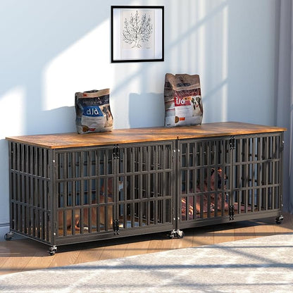 48 Inch Dog Crate Furniture, Heavy Duty Wooden Dog Kennel for Large Dogs, Chew Proof & Escape-Proof Indoor Dog Cage with TV Stand, for Anxious Dogs, Black Brown Cabinet