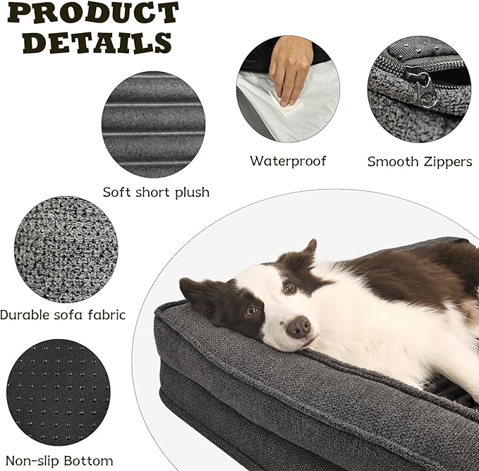 WINDRACING Orthopedic Dog Beds for Medium Dogs, Waterproof Egg Foam Dog Sofa Bed with L Bolster Sides, Washable Medium Pet Bed with Removable Cover & Non-Slip Bottom, 36 x 23 inch, Gray