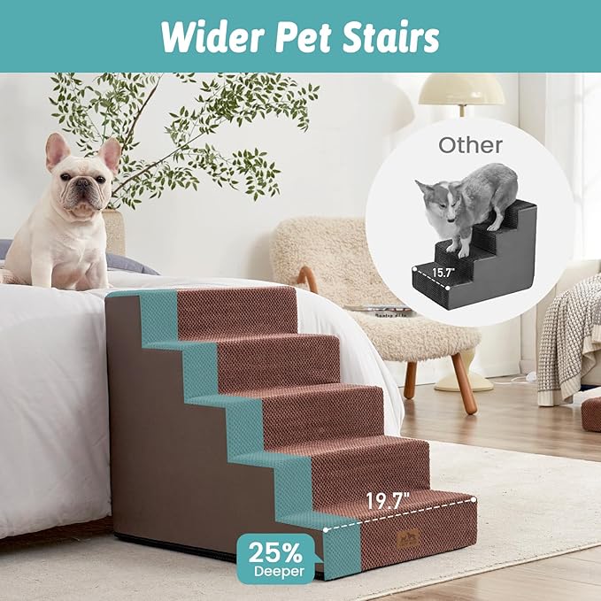 COZY KISS Dog Stairs for Small Dogs 5-Step, 19.7" Extra Wide Right-Angle Pet Stairs for Couch and Beds, Anti-Slip Dog Steps for Old Cats and Lowrider, 19.7x29.5x23.6 inch, Brown