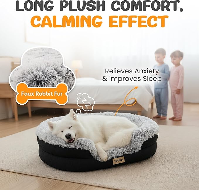 Miorun Fluffy Orthopedic Dog Bed for Small & Medium Dogs and Cats, Calming Plush Sofa Bed with Curved Bolster Support and Egg-Crate Foam Base, 35" Cozy Oval Pet Donut Bed with Washable Cover, Gray