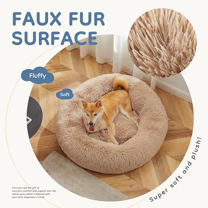 DUMOS 30.7x30.7 Inch Calming Donut Dog Beds for Large Dogs, Machine Washable Cuddler Warming Cozy Fluffy Faux Fur Plush Round Pet Bed, Anti-Slip Bed for Indoor Dogs and Cats, Brown