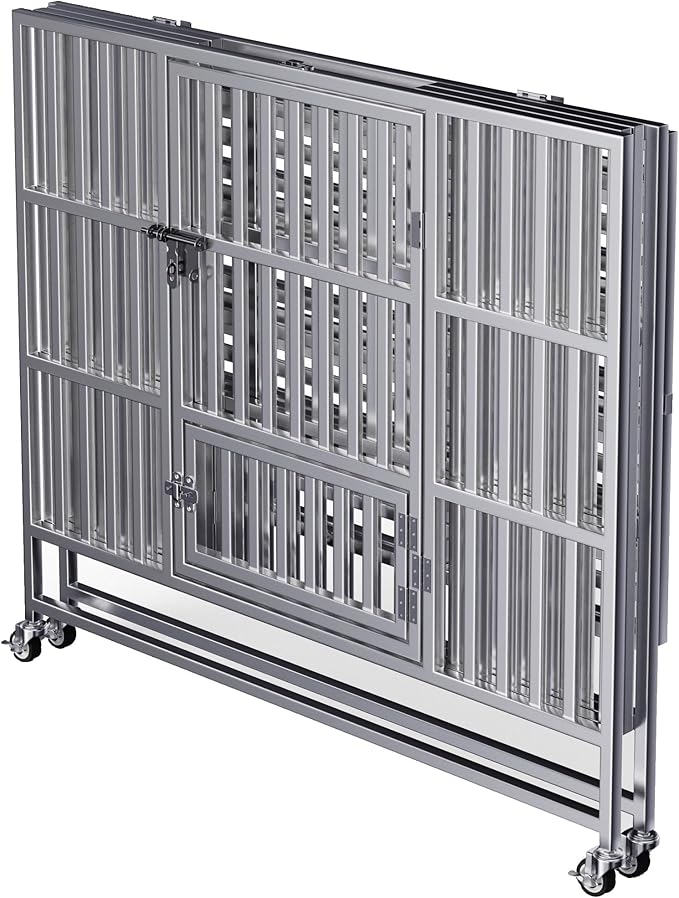 37" 42" 48" Heavy Duty Dog cage Stainless Steel Metal Kennel and Crate, Collapsible for Medium to Large Dogs, Easy to Assemble pet Pen with Four Lockable Wheels, Black Tray (42in)