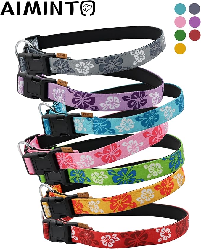 Dog Collar, Cute Floral Pattern, Neoprene Padded and Adjustable Collar with Quick Release Buckle, Reinforced Structure (L (Neck 18-28", Width 1"), Hawaiian Grey)
