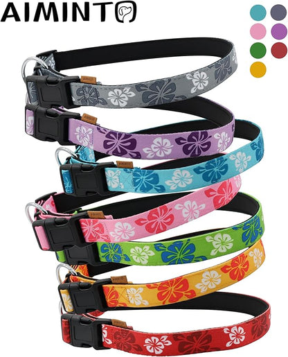 Dog Collar, Cute Floral Pattern, Neoprene Padded and Adjustable Collar with Quick Release Buckle, Reinforced Structure (L (Neck 18-28", Width 1"), Hawaiian Pink)