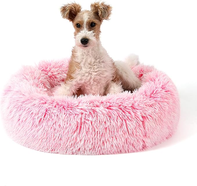 NOYAL Calming Donut Dog Bed for Small to Medium Dogs & Cats - Plush Faux Fur Anti-Anxiety Pet Bed with Machine Washable Cover & Non-Slip Base
