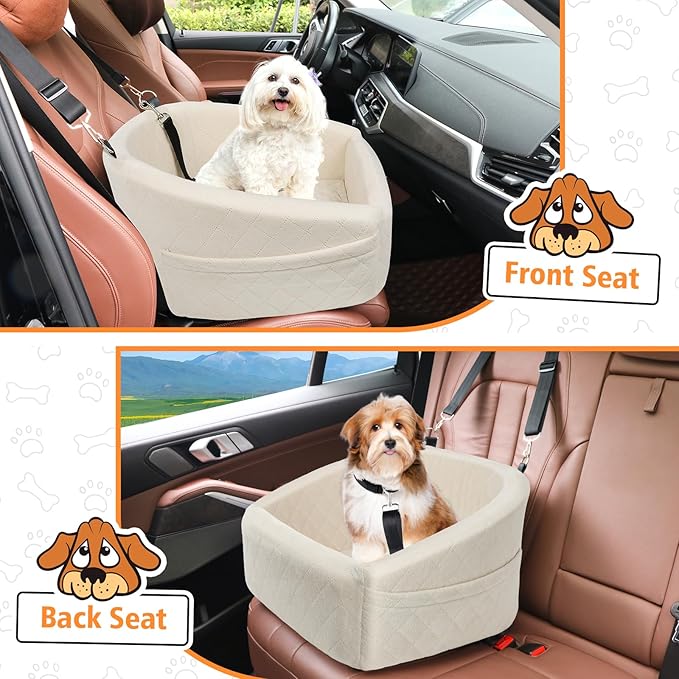 NEEZUKAR Dog Car Seat for Small Medium Dogs,Detachable Washable Dog Booster Seat Under 30lbs, Pet Car Seat Travel Bed with Storage Pockets and Dog Safety Belt (White)