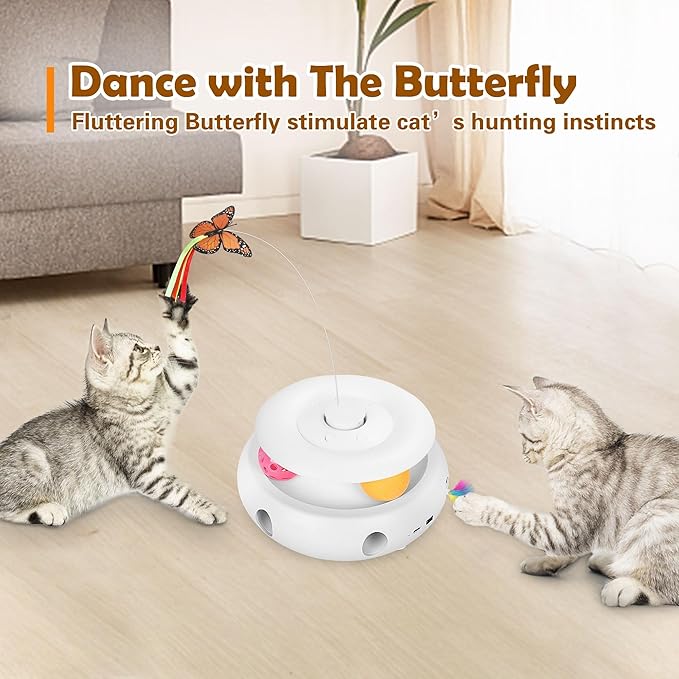 Scsuupoee Cat Toys,3-in-1 Interactive Cat Toys for Indoor Cats,Rechargeable Automatic Interactive Cat Toy with Fluttering Butterfly,Smart Sensor 6 Holes Mice Whack-A-Mole and Track Balls, White