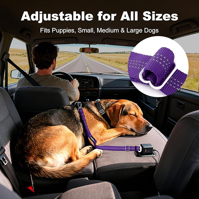 Dog Seat Belt for Car, Adjustable Dog Car Harness Seatbelt for Small Medium Large Dogs, Heavy Duty Travel Safety Restraint with Locking Aluminum Hook & Reflective Nylon Strap, Purple