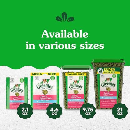 Greenies Feline Adult Natural Dental Care Cat Treats, Savory Salmon Flavor, 2.1 oz. Pouch (Pack of 2)