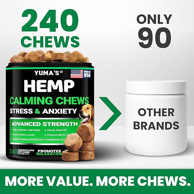 Hemp Calming Chews for Dogs - 240 Treats - Advanced Dog Calming Chews - Anxiety Relief Supplement Treats with Melatonin - Sleep Aid for Separation, Barking, Stress, Hip and Joint Support Made in USA