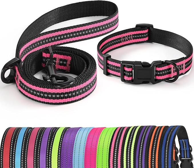 Mile High Life Reflective Dog Collar Leash Set - Adjustable for Small/Medium Dogs (Reflective Stripe Pink, Small, Pack of 2)