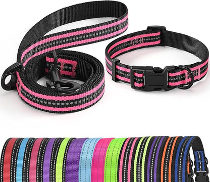 Mile High Life Reflective Dog Collar Leash Set - Adjustable for Small/Medium Dogs (Reflective Stripe Pink, Small, Pack of 2)