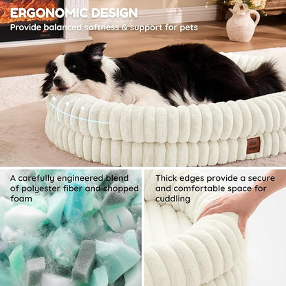 ChiXnuggle XL Dog Bed - Luxury Striped Faux Fur Waterproof Pet Couch with Removable Washable Cover, Orthopedic Dog Bed with Bolster Sides for Sleeping, Cream