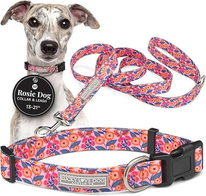 Lucky Love Dog - Easy Click Buckle Dog Collar with Leash Set Combo, Durable & Comfortable for Male & Female Dogs, Pet Collar for Medium Dogs, Secure Fit - Floral Rosie Combo, Medium