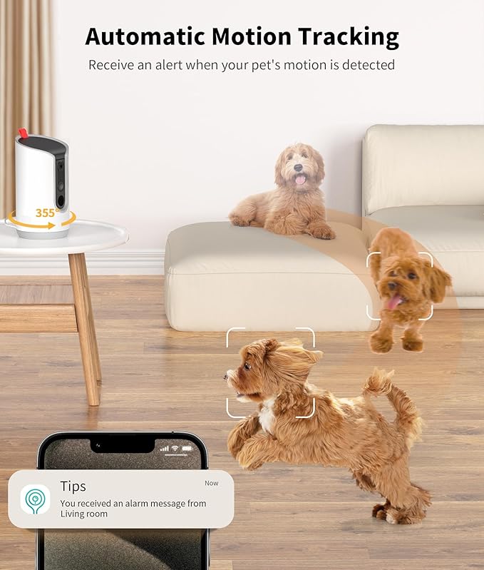 TKENPRO 2K Pet Camera Treat Dispenser, 360°View Dog Camera with Phone App, 5G&2.4G WiFi 2-Way Talk Pet Cam Indoor for Cats Remote Treat Tossing, Motion Alerts, Auto Tracking