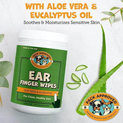 Pack Approved Finger Ear Wipes for Dogs with Aloe Vera and Eucalyptus - Convenient, Extra-Coverage, and Large Design Dog Ear Cleaning Wipes - Removes Wax and Freshens Ears - 50 Wipes