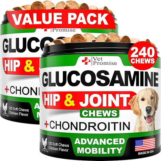 (2 Pack) Glucosamine for Dogs - Hip and Joint Supplement for Dogs - Glucosamine Chondroitin - Joint Pain Relief Pills - MSM - Hemp Oil - Advanced Health Support Supplement - 240 Mobility Chews