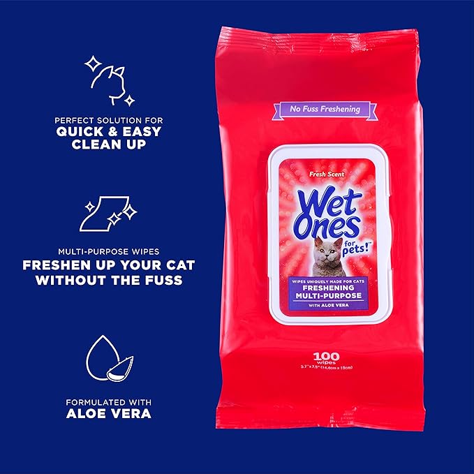 Wet Ones for Pets Freshening Multipurpose Wipes for Cats With Aloe Vera, 100 ct - 3 Pack | Easy to Use Cat Cleaning Wipes, Freshening Cat Grooming Wipes for Pet Grooming in Fresh Scent| Cat Wipes