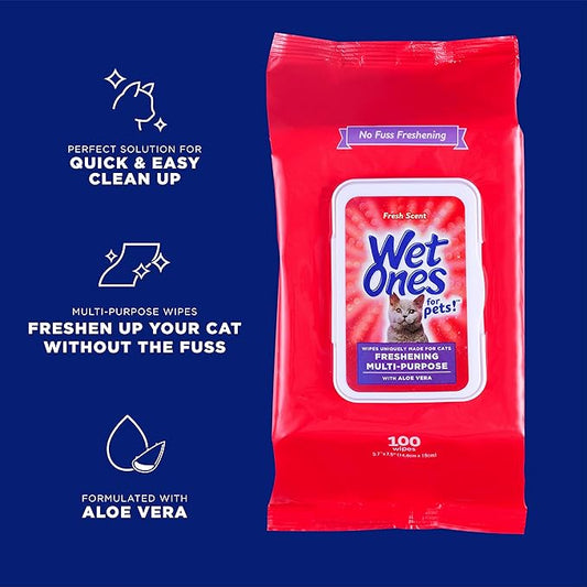 Wet Ones for Pets Freshening Multipurpose Wipes for Cats With Aloe Vera, 100 ct - 3 Pack | Easy to Use Cat Cleaning Wipes, Freshening Cat Grooming Wipes for Pet Grooming in Fresh Scent| Cat Wipes