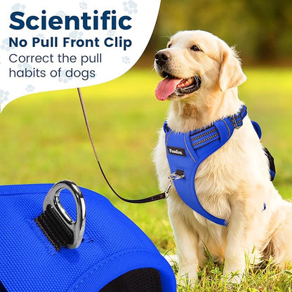 Funfox Dog Harness Medium No Pull, Adjustable 2 Clips Anti-Pull Vest with Practical Handle, Breathable Padded Pet Harness Designed for Small/Large Breeds, Reflective Training Walking Blue M