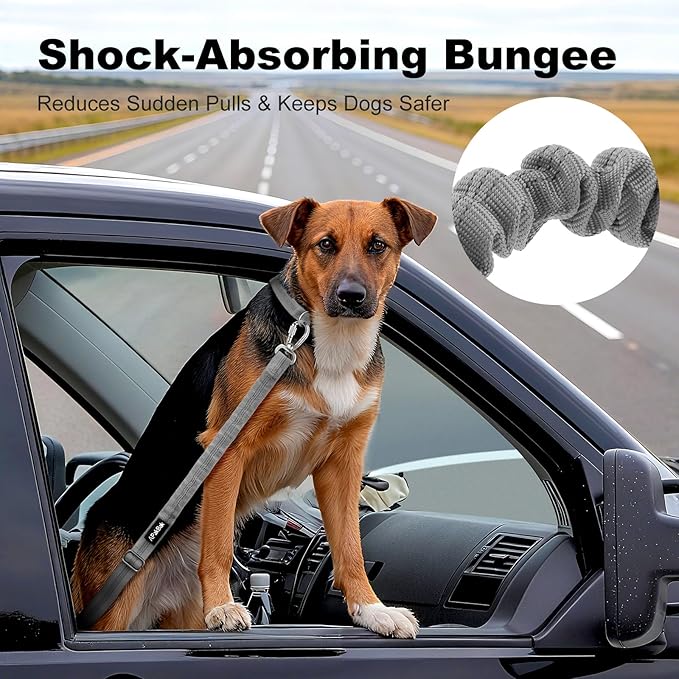 Dog Seat Belt for Car, Adjustable Dog Car Harness Seatbelt for Small Medium Large Dogs, Heavy Duty Travel Safety Restraint with Locking Aluminum Hook & Reflective Nylon Strap, Gray