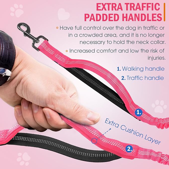 Hands Free Dog Leash with Waist Belt – No-Pull Bungee, Dual Padded Handles & Zipper Pouch for Running, Walking & Training – Adjustable Waist Leash for Large & Medium Dogs (Pink)