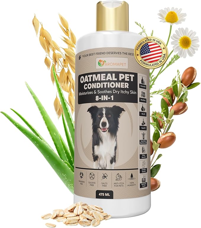 8-in-1 Oatmeal Dog Conditioner Moisturizing Conditioner for Dogs with Oat Oil, Shea Butter, Coconut Oil & Argan Oil, Hypoallergenic Dog Conditioner for Itchy Skin & Dry Coats, 475mL