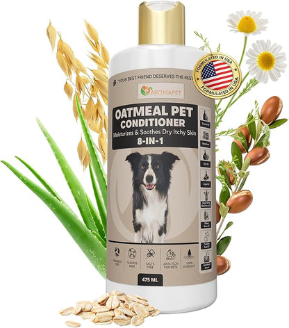 8-in-1 Oatmeal Dog Conditioner Moisturizing Conditioner for Dogs with Oat Oil, Shea Butter, Coconut Oil & Argan Oil, Hypoallergenic Dog Conditioner for Itchy Skin & Dry Coats, 475mL