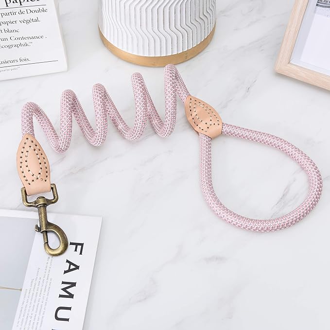 Mile High Life Dog Rope Leash 4 FT with Genuine Leather Tip, Reflective Rope Leash for Medium Large Dogs (Pink, 48 Inch)