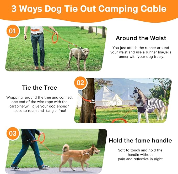 Heavy Duty 50ft Tie Out Cable for Medium Large Dogs, Chew Proof Dog Leash with Padded Handle for Training Walking