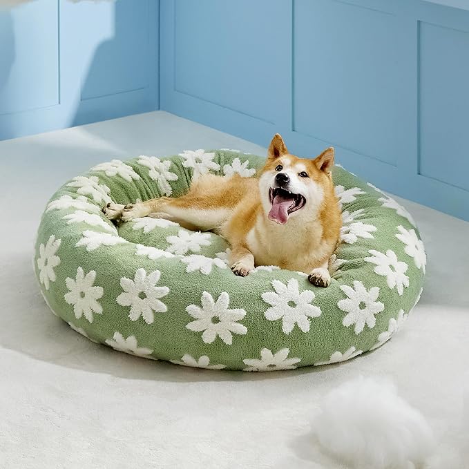 Lesure Shown on TV Donut Large Dog Bed - XL Washable Round Sofa Indoor Anti-Anxiety Calming Gift for Pets, Orthopedic Home Decor Cute Bed with Jacquard Shaggy Plush & Anti Slip Bottom, 36 Inch, Green