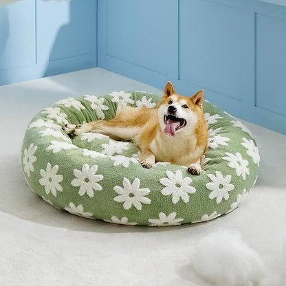 Lesure Shown on TV Donut Large Dog Bed - XL Washable Round Sofa Indoor Anti-Anxiety Calming Gift for Pets, Orthopedic Home Decor Cute Bed with Jacquard Shaggy Plush & Anti Slip Bottom, 36 Inch, Green