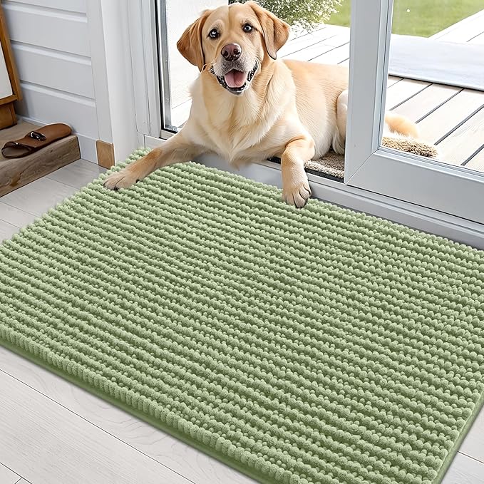 OLANLY Dog Door Mat for Muddy Paws 36x24, Ultra Absorbent Chenille Mud Doormat, Non-Slip Washable and Dirt Trapping Doormat for Indoor Entryway, Quick-Dry Indoor Pet Bed Mats for Dogs, Sage Green