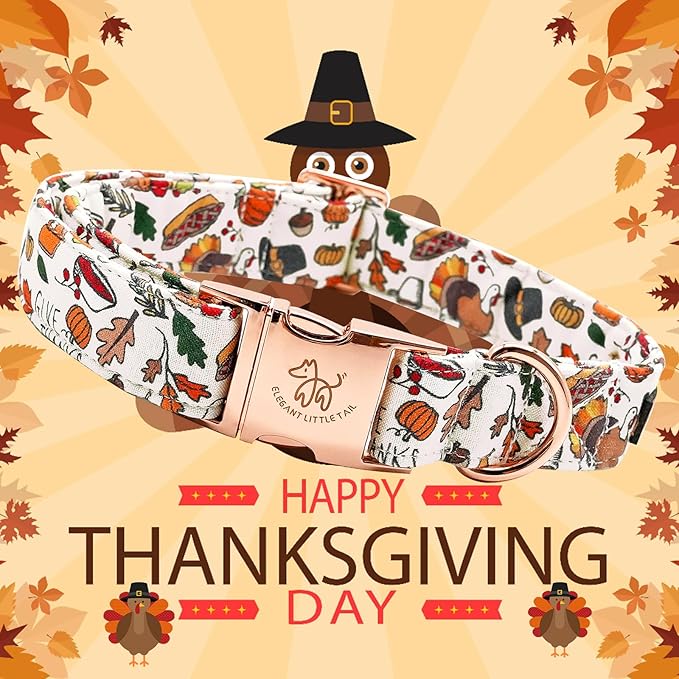 Elegant little tail Thanksgiving Dog Collar, Fall Turkey Print Pet Collar Durable Dog Collars Male or Female Holiday Pet Gift Adjustable Dog Collar for Large Dogs