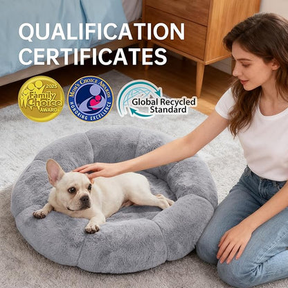 OhGeni 31 inches Calming Donut Orthopedic Dog & Cat Bed for Medium Pets, Warming Comfort Fluffy Short Pile Fur, Durable Waterproof Machine Washable Removable Cover, Round Bed for Puppy, Light Gray