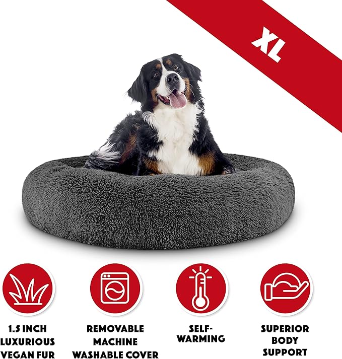 The Dog’s Bed Sound Sleep Donut Dog Bed, XL Dark Grey Fur Calming Nest Bed Removable Cover, Veterinary Approved