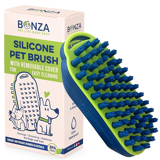 Bonza Silicone Dog Brush - Dog Brush for Shedding & Massage, Cat Bath Scrubber for Easy Shampoo, Pet Grooming Tool with Removable Hair Screen, Navy Blue, Silicone