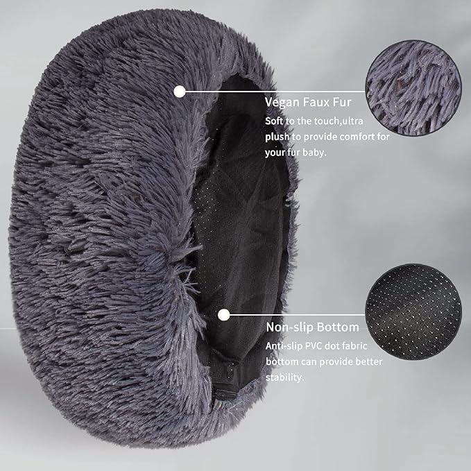 Calming Donut Dogs Beds for Small Dogs Washable,23inch Plush Round Pet Bed for Cozy Sleep,Fluffy Faux Fur Large Cat Bed,Fits up to 25 lbs Pets,Dark Grey