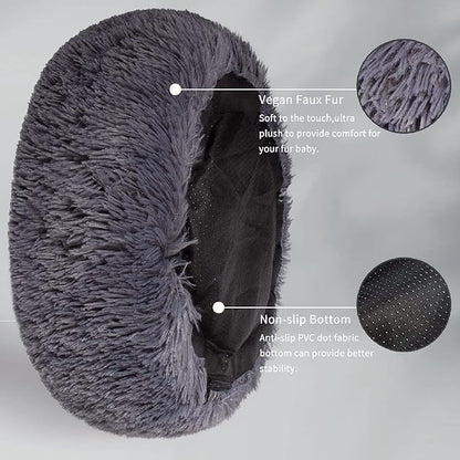 Calming Donut Dogs Beds for Small Dogs Washable,23inch Plush Round Pet Bed for Cozy Sleep,Fluffy Faux Fur Large Cat Bed,Fits up to 25 lbs Pets,Dark Grey