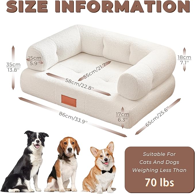 ATJafurn White Faux Shearling Dog Couch Bed for Large Dogs Under 70 lbs, 33.9 Inch Modern Tufted Elevated Dog Sofa with Leather Nameplate, Indoor Furniture Style Cute Raised Pet Sofa Bed (Large)