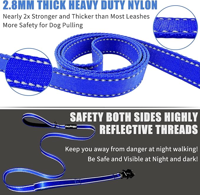 Strong Heavy Duty Dog Leash - 5ft Reflective Nylon Training Leash with Soft Padded Double Handle & Auto Lock Frog Clip - Safety Traffic Control for Large Medium Small Dogs No Pull Walk Dark Blue,5ft