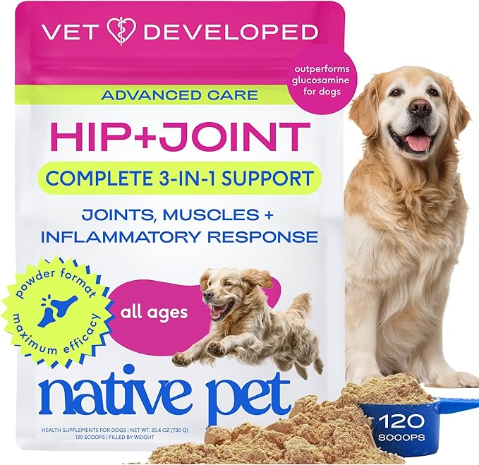 Native Pet Advanced Care - Hip & Joint Supplement for Dogs - Supports Joints, Cartilage, Muscles & Anti-Inflammatory with HMB, UC-II Collagen, Green Lipped Mussel & Hyaluronic Acid - 120 Scoops