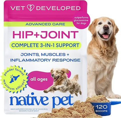 Native Pet Advanced Care - Hip & Joint Supplement for Dogs - Supports Joints, Cartilage, Muscles & Anti-Inflammatory with HMB, UC-II Collagen, Green Lipped Mussel & Hyaluronic Acid - 120 Scoops