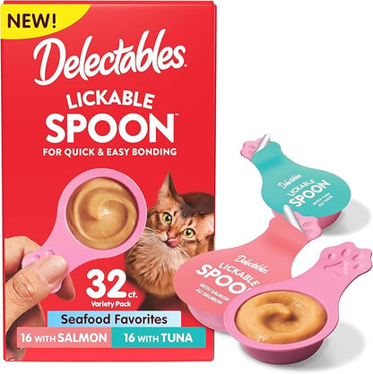 Delectables Lickable Spoon Handheld Wet Cat Treats Made with Real Salmon & Tuna, Creamy Puree, Mess Free, Quick & Easy, Grain-Free, No Added Fillers, No Added Preservatives, Variety Pack, 32ct